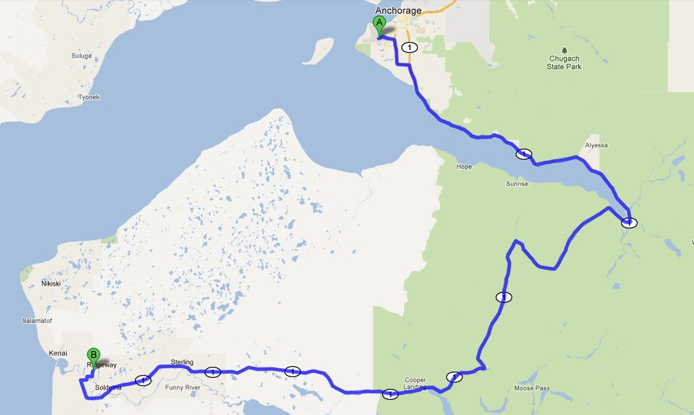 Anchorage Airport to Alaska Hooksetters Route Map